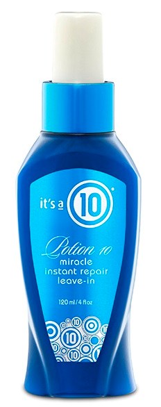 Blå flaska med vitt lock, märkt 'Potion no miracle instant repair leave-in'.