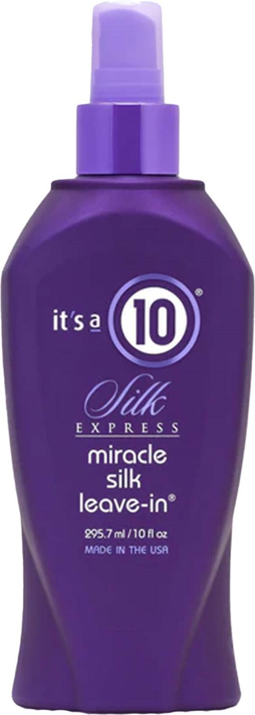 En lila flaska med 'it's a 10' miracle silk leave-in produkt med sprayhuvud.