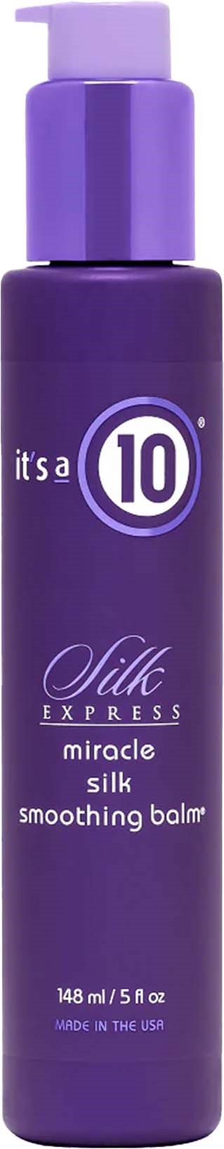 En lila flaska med hårglättningsbalsam med pump, märkt 'Silk Express miracle silk smoothing balm.'