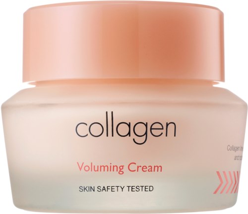 Słoik kremu z kolagenem, różowa nakrętka, napisano "collagen" i "Voluming Cream."