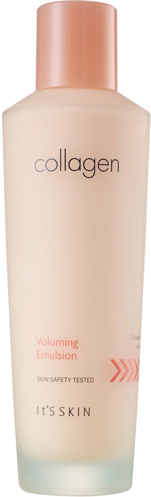 En lång, vit flaska med rosa lock märkta "collagen" och "Volumizing Emulsion," av IT'S SKIN.