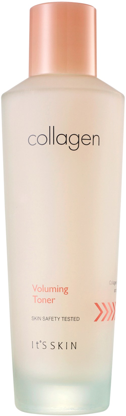 En lang, hvid flaske med lyserødt låg mærket 'collagen' og 'Voluming Toner' til huden. Den har et enkelt, rent design.