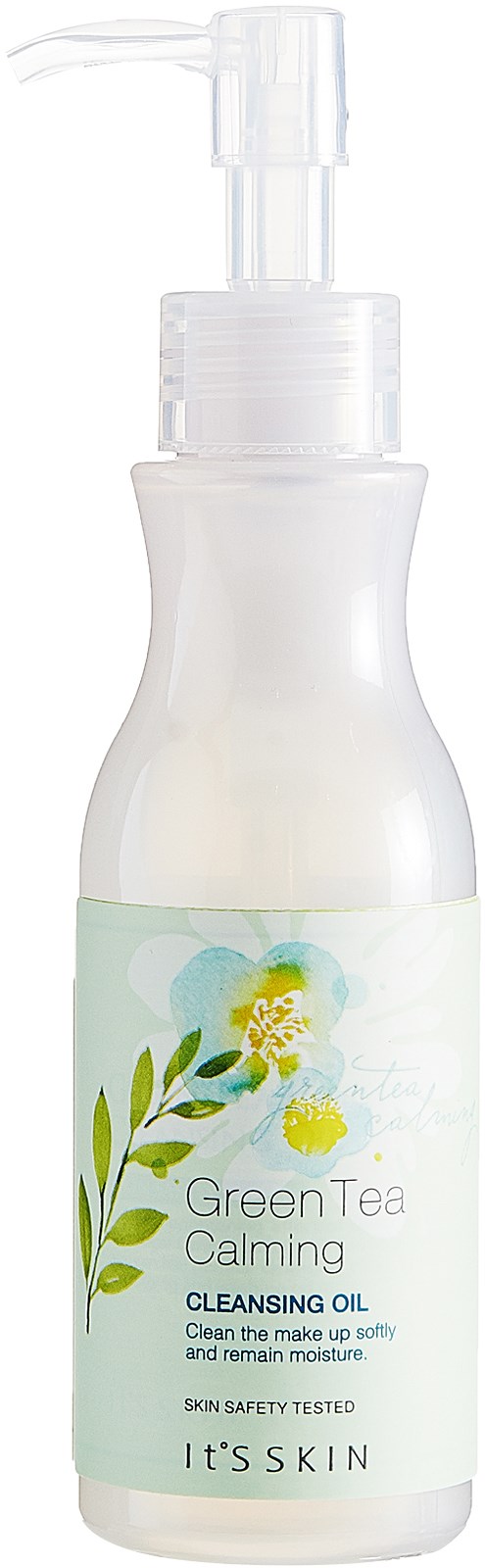 En hvit flaske med pumpe merket 'Green Tea Calming Cleansing Oil' for mild ansiktsrengjøring.