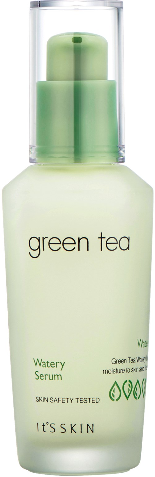 En grøn te-serumflaske med pump, mærket siger 'green tea' og 'Watery Serum', fra It's Skin.