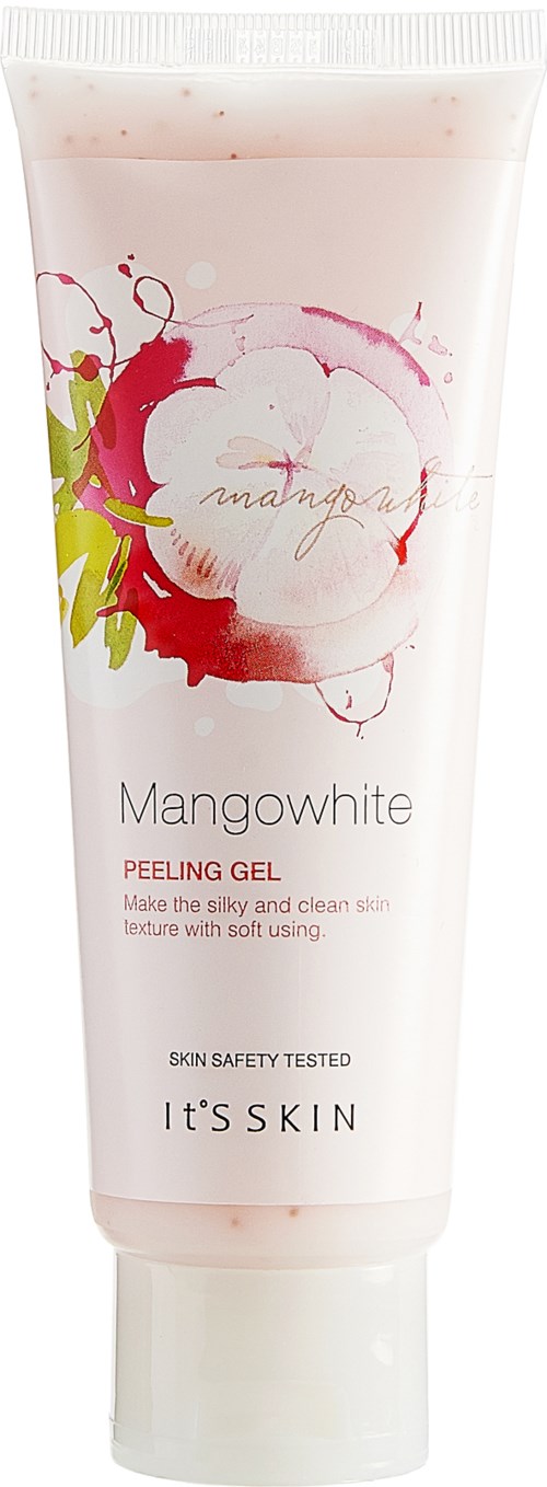 En tube med Mangowhite peelinggel fra It's Skin med rosa og hvitt blomsterdesign og tekst om hudpleie.