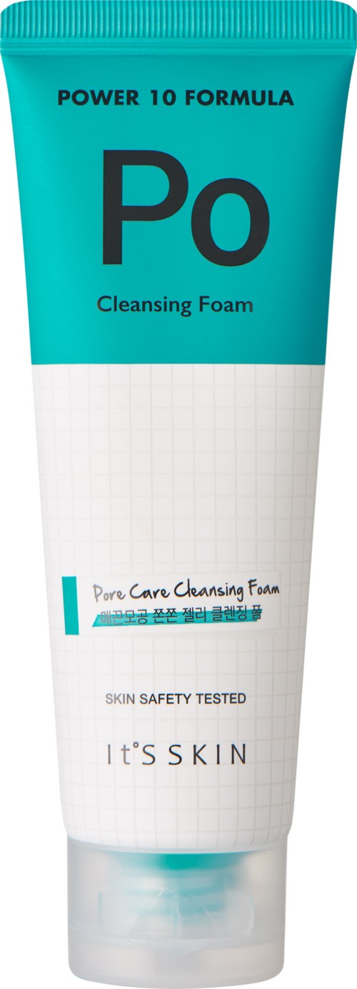 En tub med ansiktsrengöringsskum i blå och vit design, märkt 'Po Cleansing Foam' och 'Power 10 Formula'.