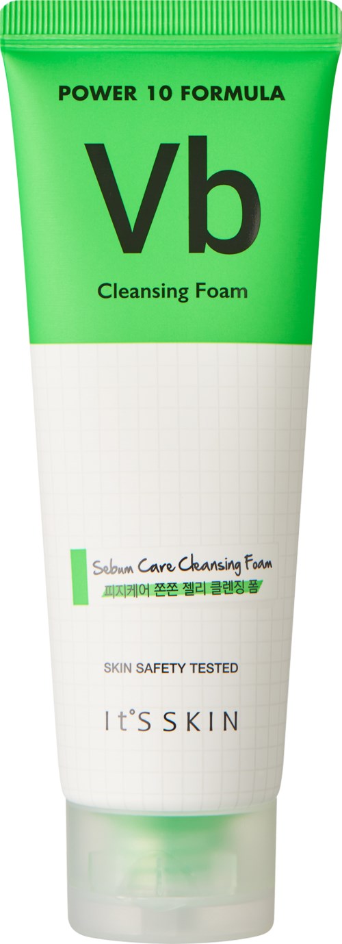 En tub med ansiktsrengöringsskum i grönt och vitt, märkt 'Vb Cleansing Foam' och 'It's Skin'.