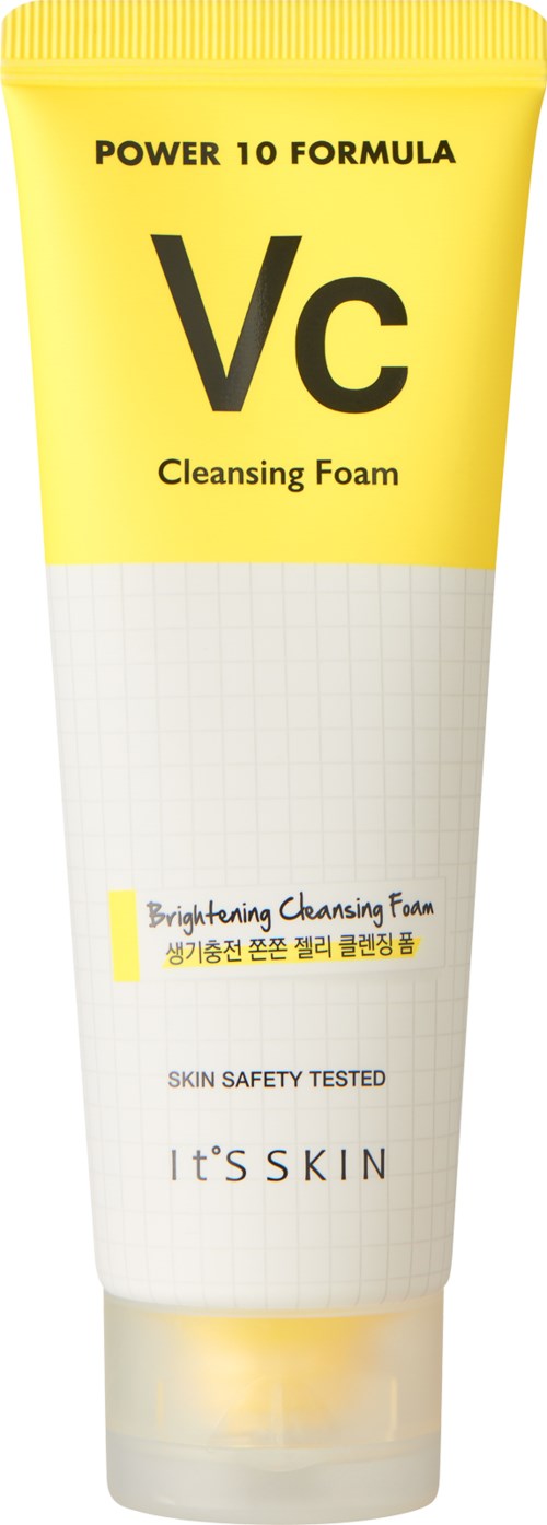 En tub med rengöringsskum för ansiktet med gul- och vitförpackning, märkt 'Power 10 Formula VC', 'Brightening Cleansing Foam' och 'It's Skin.'