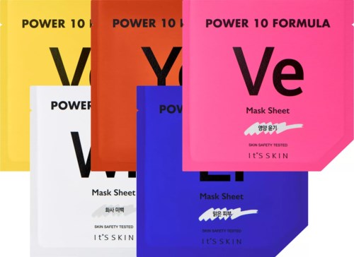 Färgglada ansiktsmaskblad i rosa, blå, orange, gul och vit med fet text och en liten illustration.