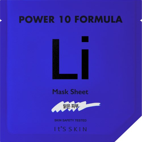 En blå förpackning för ansiktsmask med texten 'Power 10 Formula' och bokstaven 'Li' för hudvård.