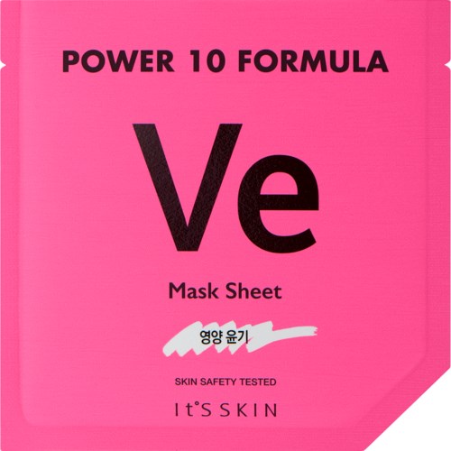 Ett rosa ansiktsmaskark för hudvård märkt 'Power 10 Formula Ve' med extra koreansk text och 'Skin Safety Tested'.