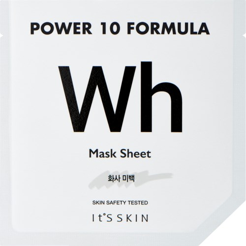 En hudvårdsprodukt märkt 'Power 10 Formula' med 'Wh' och 'Mask Sheet' skrivet på det.