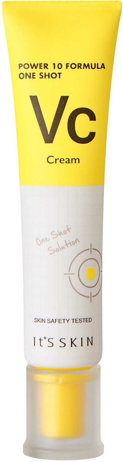 A tube labeled 'VC Cream' with yellow and white colors, mentioning 'Power 10 Formula' and 'Skin Safety Tested.'