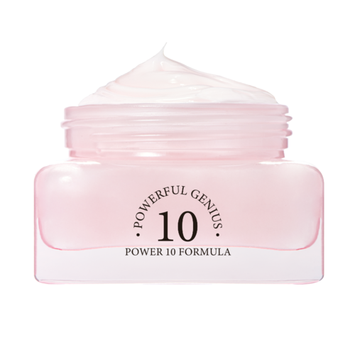 En rosa burk med hudvårdscream märkt "Power 10 Formula" och "Powerful Genius 10."