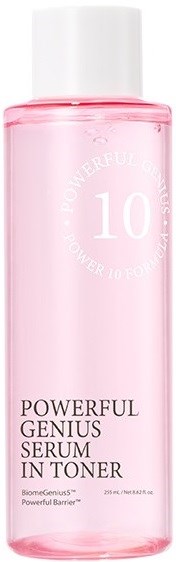 En rosa flaska märkt 'Powerful Genius Serum in Toner' med vit lock.