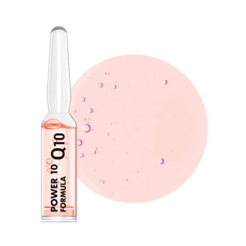 Pieni pullo, jossa lukee 'POWER 10 Q10 FORMULA', sisältää pinkkiä nestettä ja kuplia, vieressä pinkki ympyrä.