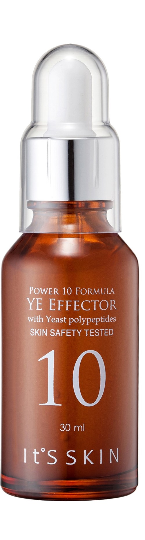 En lille brun flaske med sølvhætte, mærket YE EFFECTOR, nummer 10, 30 ml, It'S SKIN.
