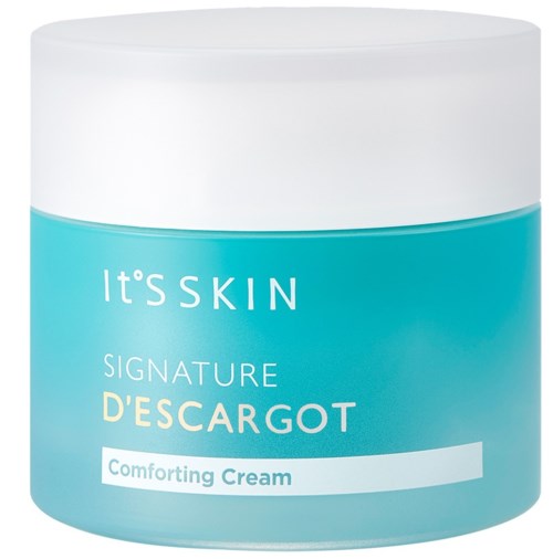 En hudvårdsburk märkt 'It's SKIN SIGNATURE D'ESCARGOT Comforting Cream.' Den har ett vitt lock och en blå behållare.