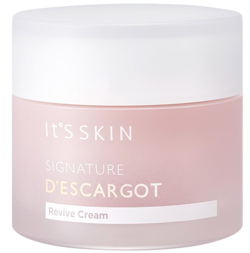 En rosa burk med vit lock märkt 'It's SKIN Signature D'Escargot Revival Cream.'