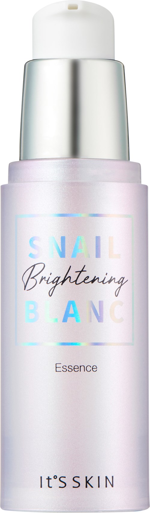 En hudvårdsprodukt i en ljus rosa och vit flaska med silvertoppen. Den är märkta 'Snail Brightening Essence' av It'S SKIN.