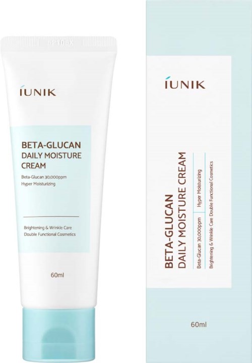 En vit tub med IUNIK Beta-Glucan Daily Moisture Cream med blå accenter, och en matchande box bredvid.