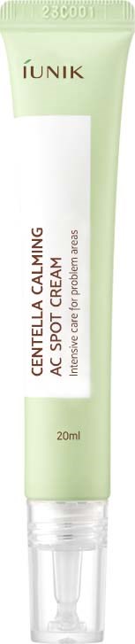 En grön och vit tub av IUNIK Centella Calming Spot Cream, 20 ml, för lugnande av hud och aknebehandling.