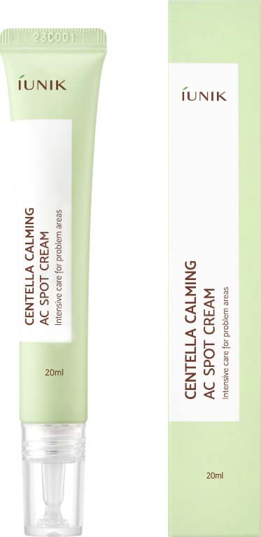 En grön och vit tub och box med IUNIK Centella Calming AC Spot Cream för akne och lugnande hud.