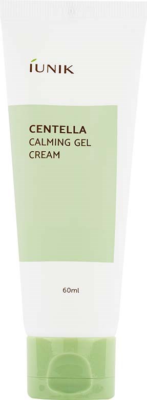 A white and green tube labeled IUNIK Centella Calming Gel Cream, 60ml, with a simple design.