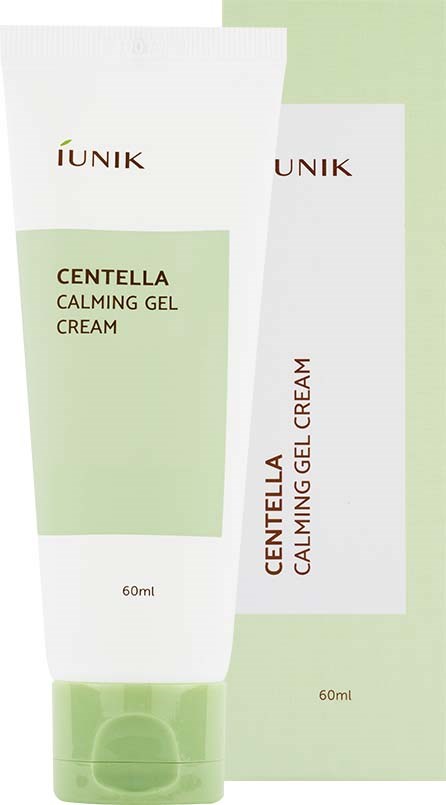 A green and white tube of Centella Calming Gel Cream from IUNIK, 60ml, with its box behind.