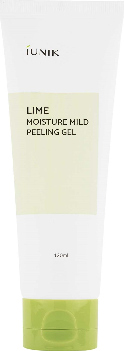 En hvit tube med grønt lokk og lysgrønt merke. Tekst: "LIME MOISTURE MILD PEELING GEL" og merke IUNIK. 120ml.