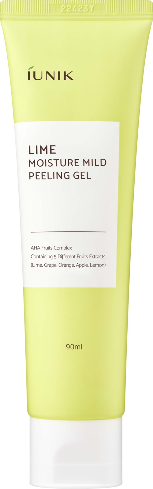 En tube av IUNIK Lime Moisture Mild Peeling Gel i gult-grönt med vit etikett.