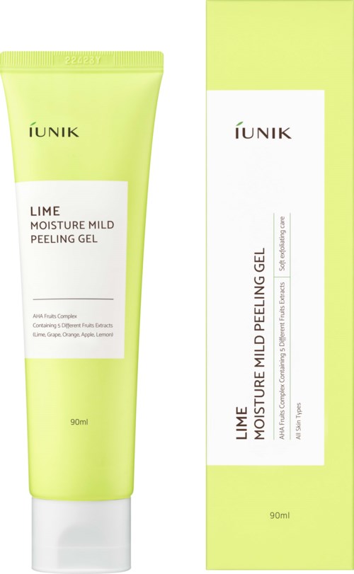 Grön tub och förpackning av IUNIK Lime Moisture Mild Peeling Gel, 90 ml. Enkel design med produktnamn.
