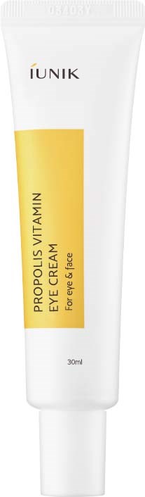 En vit tub med gul etikett, innehåller IUNIK Propolis Vitamin Eye Cream för känslig hud, 30 ml.