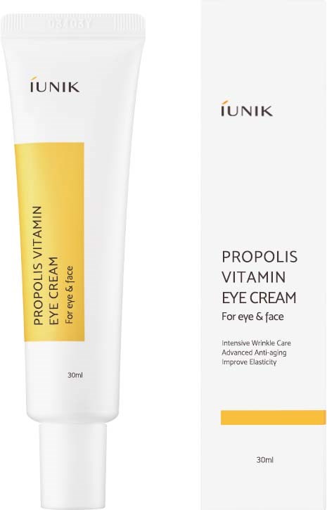 En vit tub och box visar IUNIK Propolis Vitamin Eye Cream, avsedd för runt ögonen. Den påstår sig ge anti-aging och rynkbehandling.