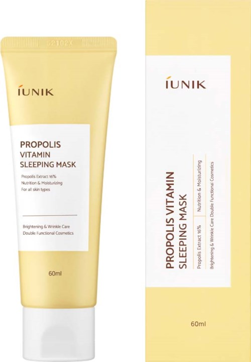 En gul och vit tub och förpackning för IUNIK propolis vitamin sovmask, 60 ml vardera, med Malay-text.