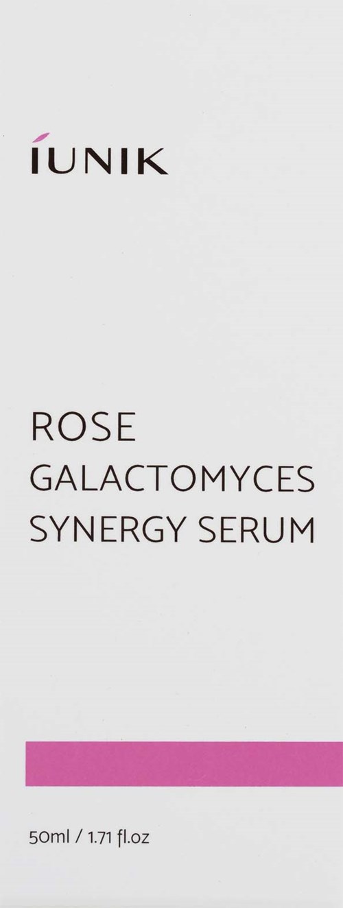 A serum packaging box labeled IUNIK, with a pink stripe, for rose galactomyces synergy serum, 50ml.
