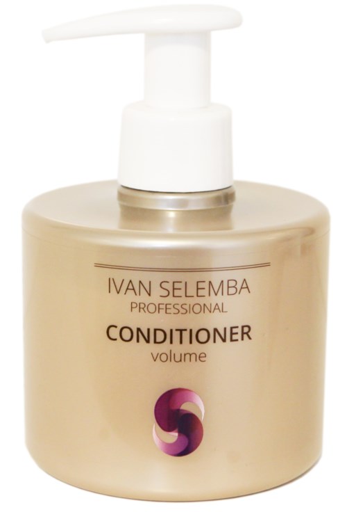 En stor beige flaska med pump, märkt Ivan Selema Professional Conditioner för volym. Enkel design.
