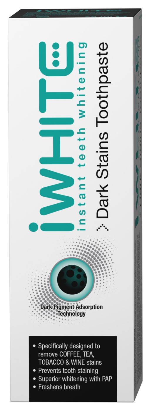 A white box shows 'iWHITE' in large letters, with blue text for 'Whitening.' It states it is for dark stains teeth. Contains a circular logo.