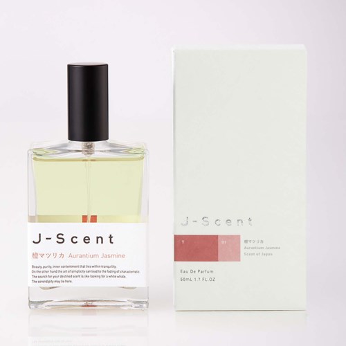 Eine Parfüfflasche und Verpackungsschachtel mit Jasmin-Duft im minimalistischen Design.