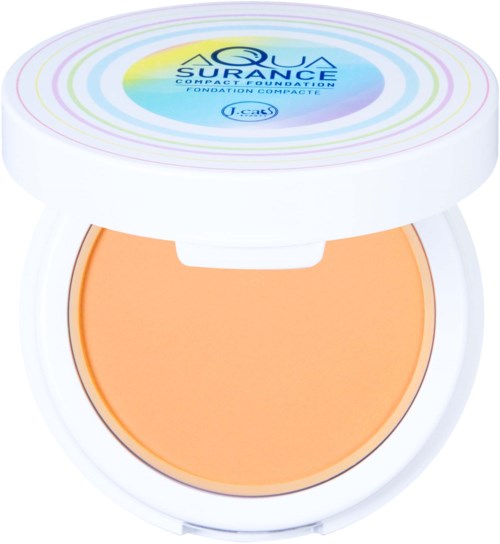 En rund kompakt med orange rouge inuti och ett vitt fodral, märkt 'Aqua Surance' och 'J.Sans' på locket.