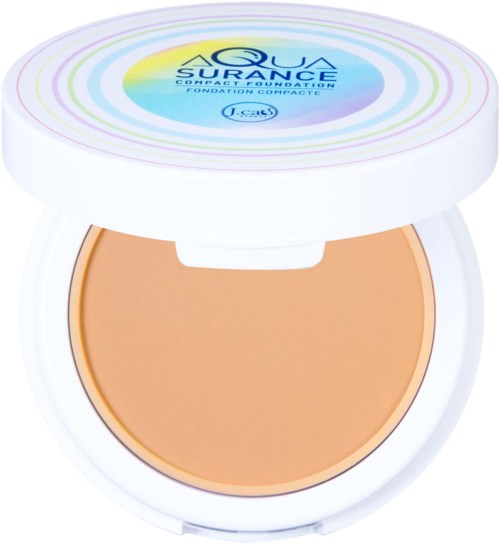 En kompakt makeup-foundationlåda med vit lock som visar varumärket Aqua Surprise och färgglada cirklar.