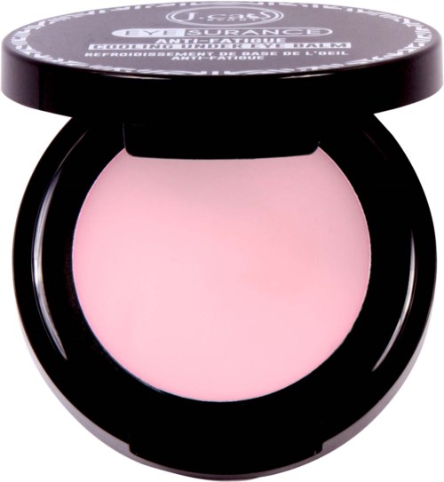 Bildet viser et kompakt sminkeprodukt, sannsynligvis blush, med en rosa farge i en svart beholder.