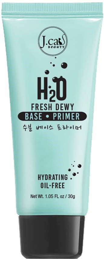 En lyseblå tube fra J. Cat Beauty primer mærket H2O Fresh Dewy, fugtgivende og olie-fri, med sort låg.