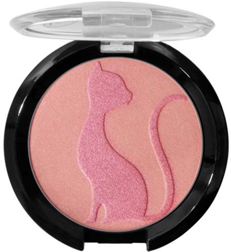 Rouge för makeup i ett svart hölje med ett tydligt lock, med silhuett av en katt och en svansdesign.