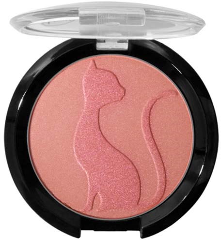 En makeupblush-kompakt med en katt siluett design, med rosa toner och ett klart lock.