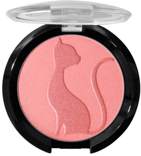 Rosa rouge i en svart kompakt med en kattform avbildad och ett genomskinligt lock.
