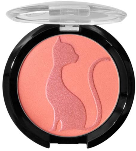 Ett rouge-compact med en kattformad design i orange och rosa färger.