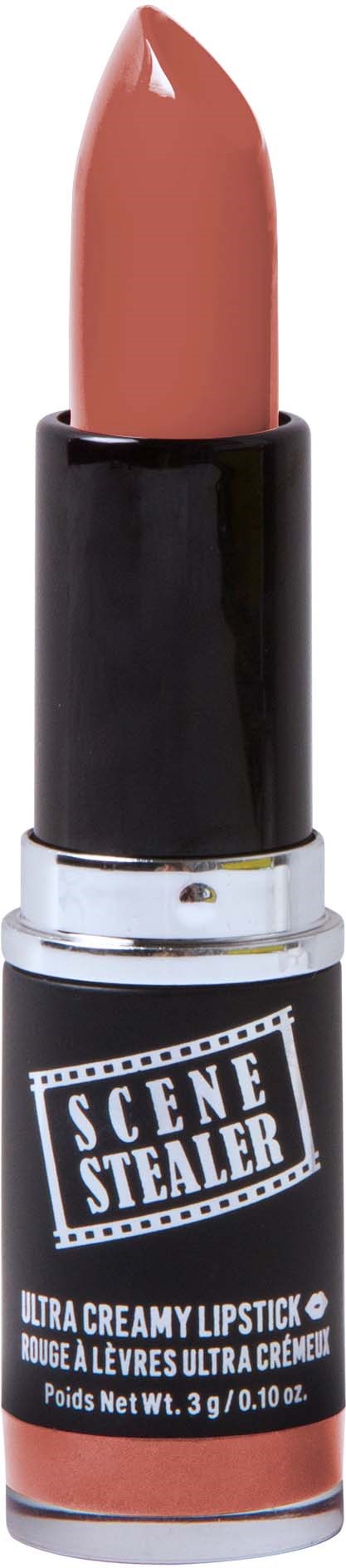 Ett läppstift märkt 'Scene Stealer' i ett svart och silver fodral, med en nudefärgad läppstift inuti.