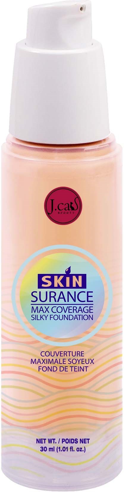 En flaska med flytande foundation med rosa och gula vågor, märkt 'Skin Surance Max Coverage Silky Foundation'.