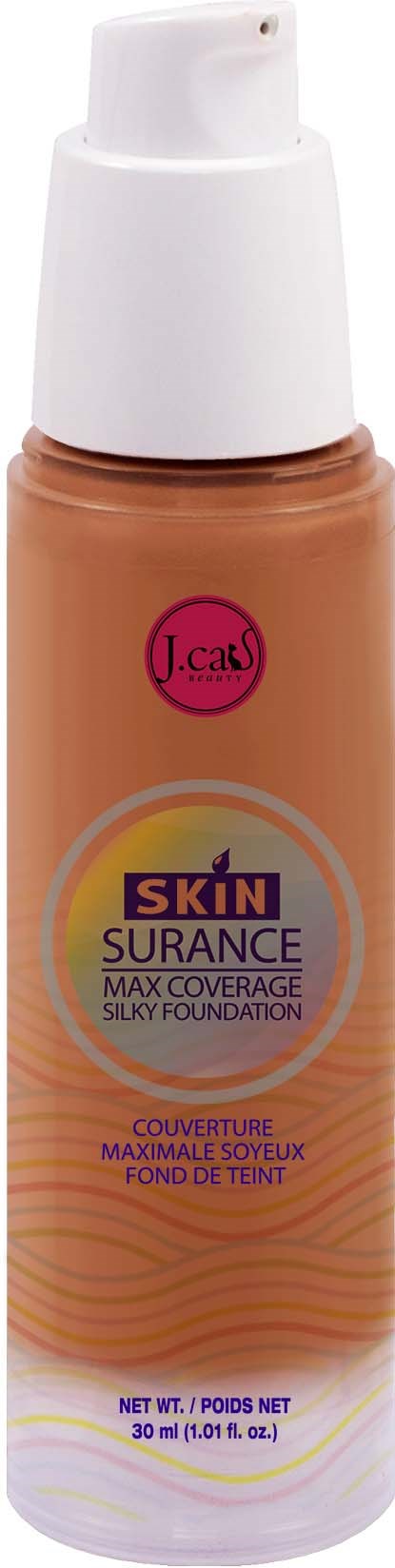 En flaska flytande foundation med pump, märkt 'skin SURANCE Max Coverage Silky Foundation'.